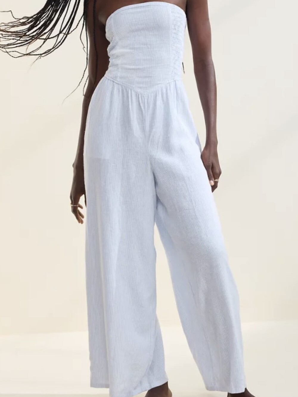 aerie Strapless Smocked Wide-Leg Jumpsuit - Light Blue And White Striped
